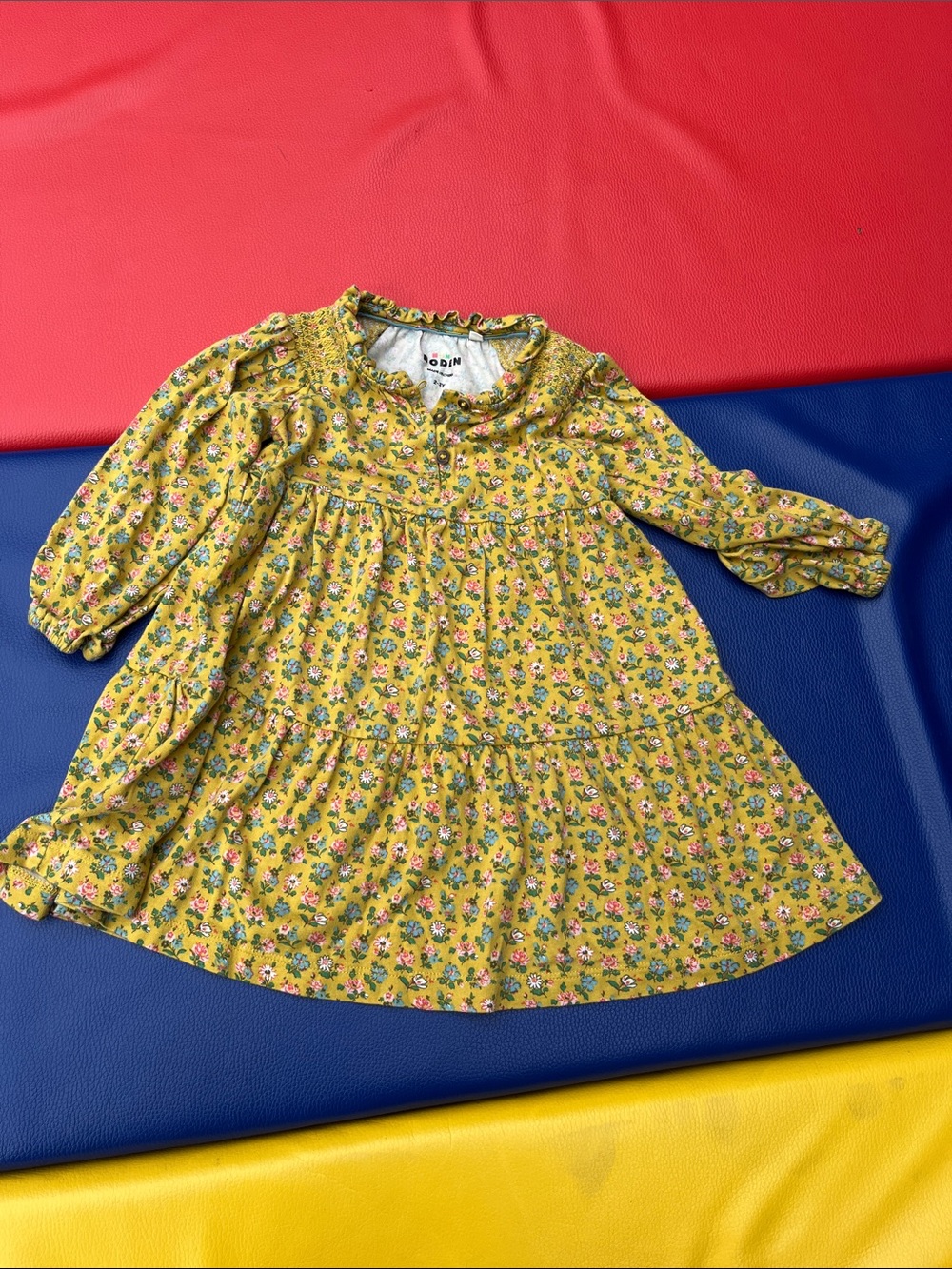 Mini Boden 2-3y Yellow Floral Ruffle-Trim Dress